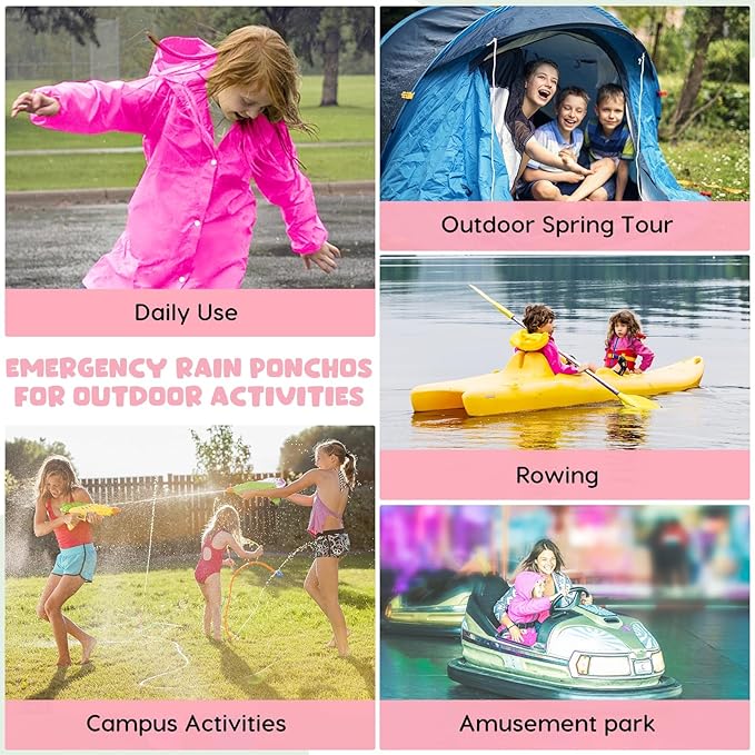 BFONS Rain Ponchos for Kids, Reusable Raincoats for Boys Girls with Hood and Sleeves, Waterproof Rain Jackets for Travel Outdoor Pink 2PCS