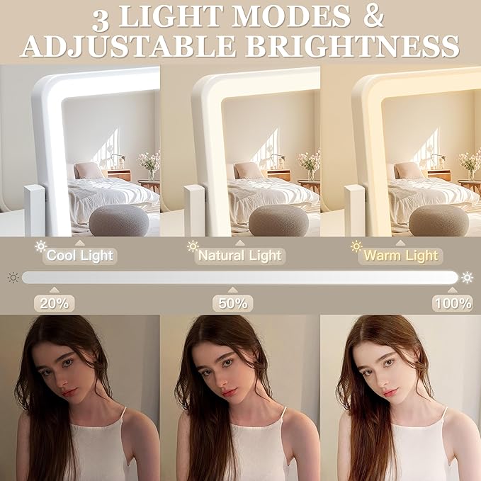 ROLOVE Vanity Mirror with Lights, 14"×12" LED Makeup Mirror, Lighted Makeup Mirror with Lights, Smart Touch Control 3 Colors Dimmable, Lighted Up Mirror for Makeup Desk, Bedroom, Women Gift