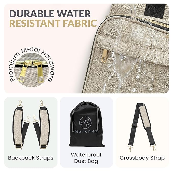 Mellories 4 in 1 Convertible Diaper Bag Tote for Baby Boys and Girls - Converts into Diaper Backpack, Baby Tote, Stroller and Crossbody Diaper Bag - Beige Baby Travel Bag - Gift for Mom