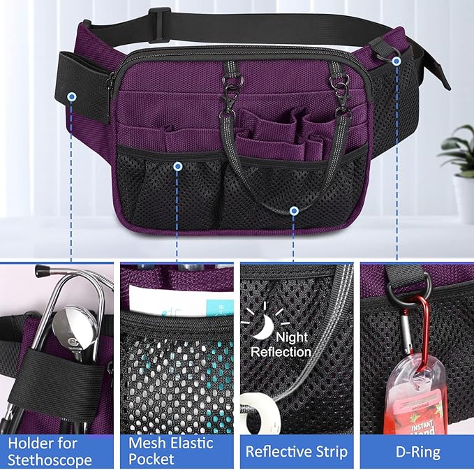 SITHON Nurse Fanny Pack with Tape Holder, Multi Compartment Medical Gear Pocket Nursing Organizer Belt Bag, Apron Hip Bag Utility Waist Pack for Stethoscopes Bandage Scissors Medical Supplies (Purple)