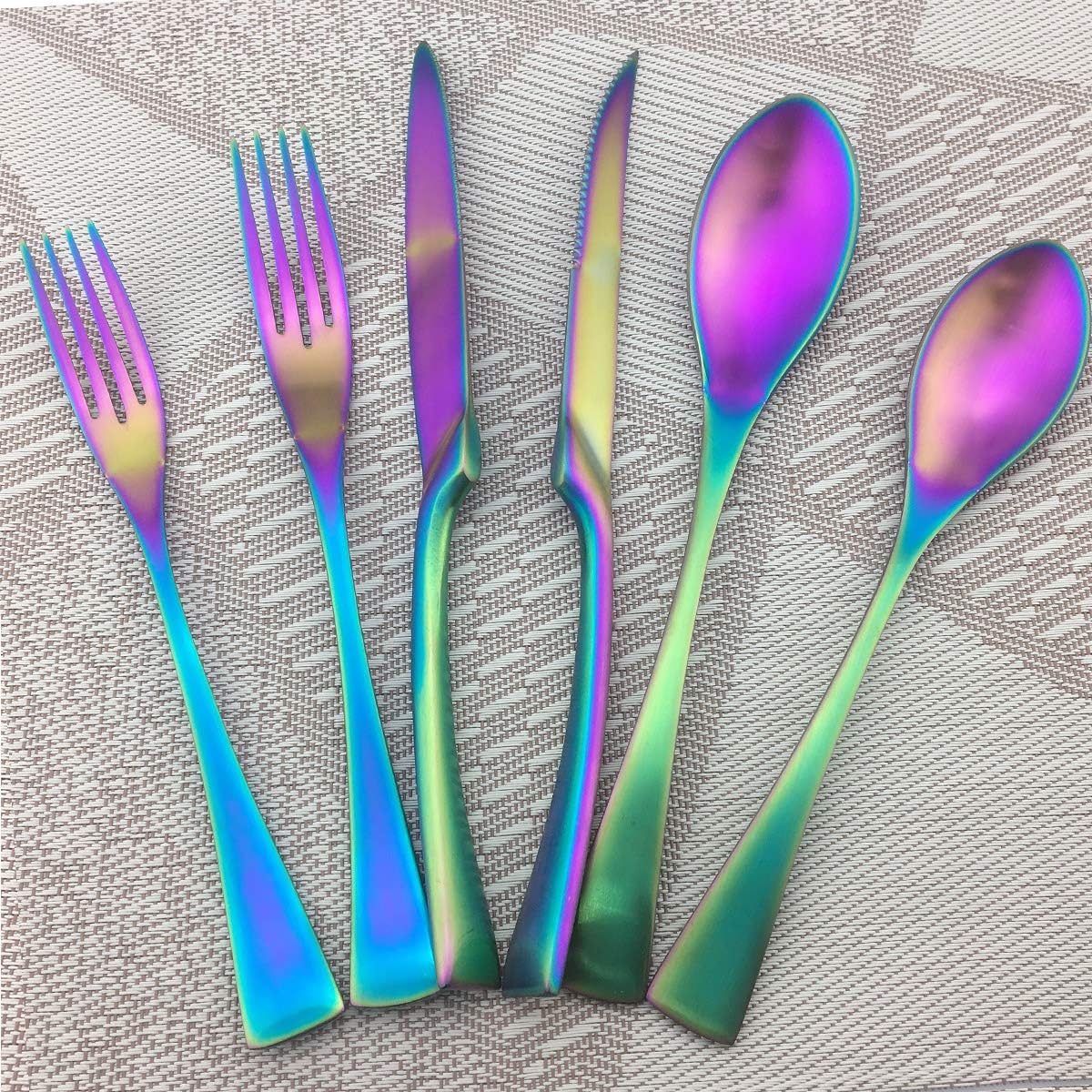 Rainbow Silverware Set, 24-Piece Stainless Steel Flatware Set Service for 4, Tableware Cutlery Set for Home and Restaurant, Knives Forks Spoons, Matte Finish, Dishwasher Safe (Rainbow)