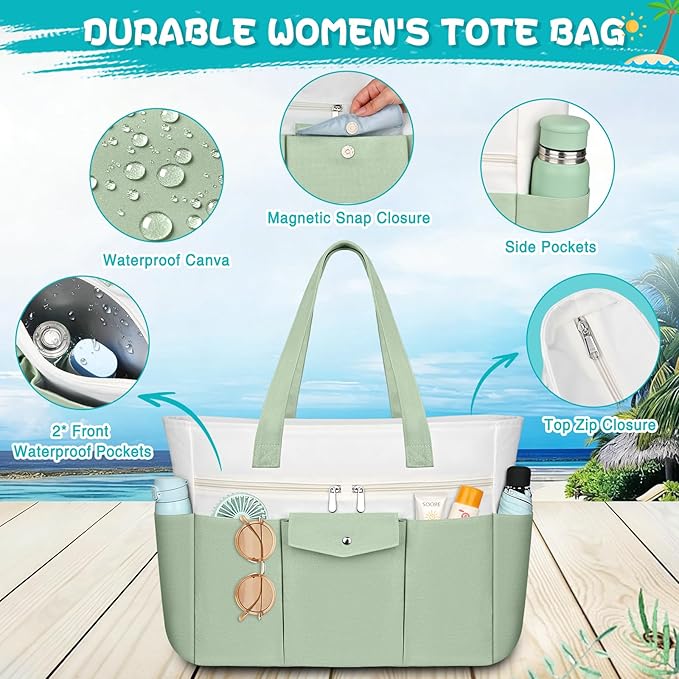 Beach Bags for Women Large Canvas Beach Tote with Zipper Wet Pocket, Waterproof Foldable Swim Pool Travel Tote Bags