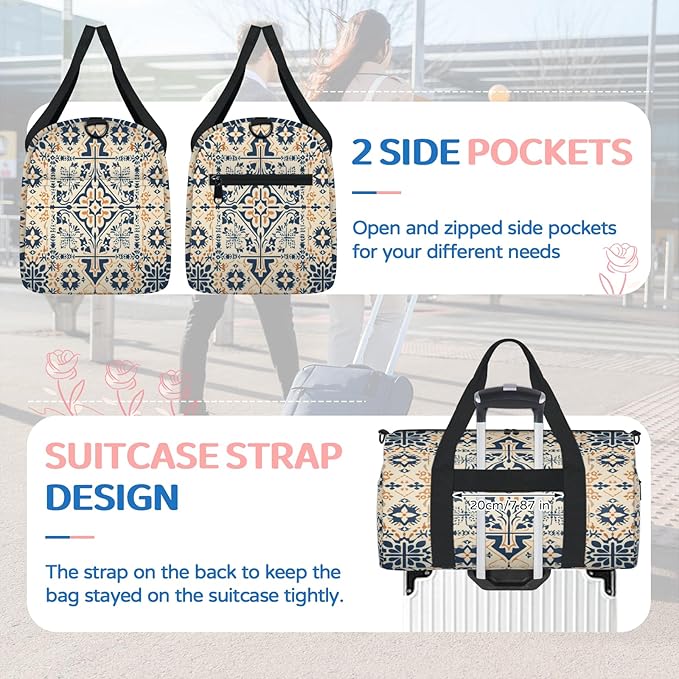 Ethnic Art Gym Bag for Women 17 inch Waterproof Carry On Overnight Weekender Bag Sports Duffel Tote Bags for Travel Workout
