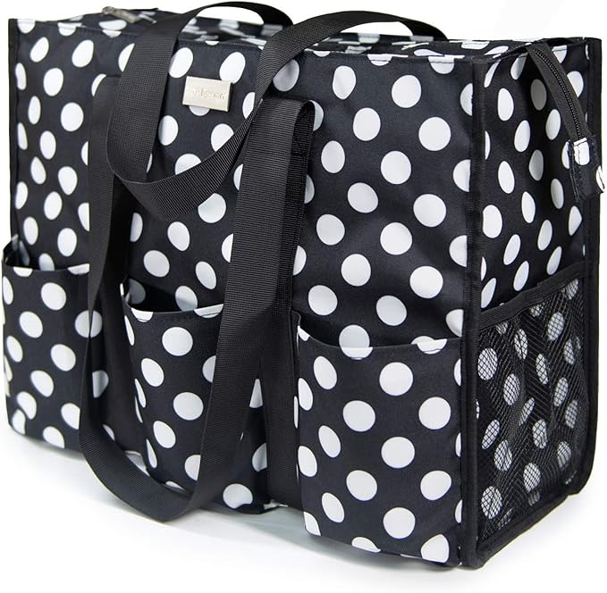 TOPDesign Utility Water Resistant Tote Bag with 13 Pockets, Top Zipper Closure & Thick Bottom Support, for Working Women