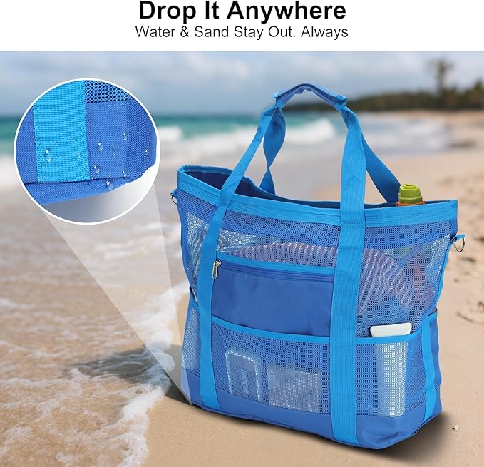 Mesh Beach Bags for Women - Family Beach Tote Bag for Toys, Towels, Travel Vacation Cruise Essentials