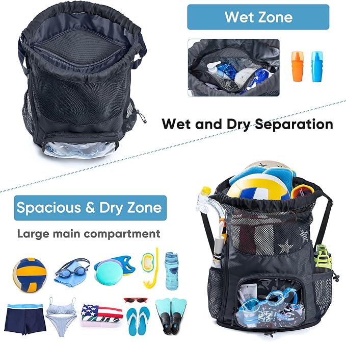 Drawstring Mesh Backpack - Beach/Pool Swim Bag with Shoe Compartment - Sandproof Wet Bag for Swimsuit - Summer Camp Essentials