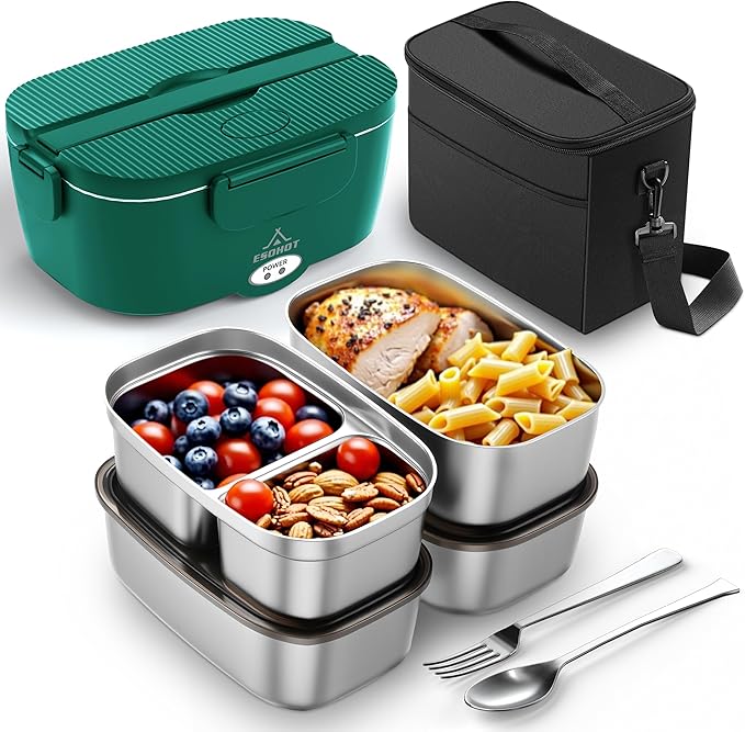 Heated Lunch Box,120W Electric Lunch Box for Adults with 1.5L 304 Stainless Steel Container, 12V/24V/110V Lonchera Eléctrica Portátil for Travel,Work,Car,Truck (Dark Green, 1.5L x 4)