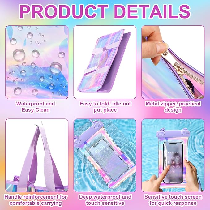 3 Pcs Waterproof Beach Bags Women Clear Iridescent Tote Bag Cosmetic Pouch for Phone Travel Beach Pool Essentials