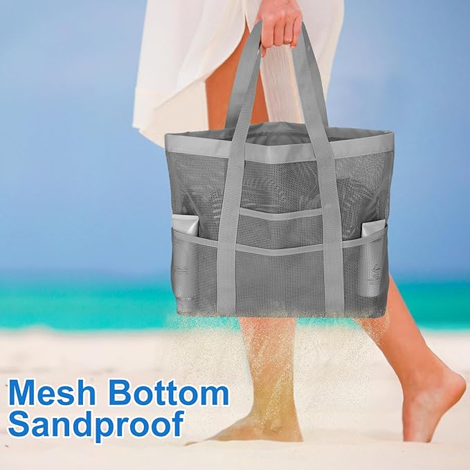 Large Mesh Beach Bag, Beach Tote Bags with 9 Pocket for Family