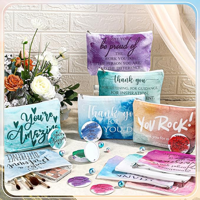 20 Pcs Employee Appreciation Gifts For Women Inspirational Canvas Makeup Bags Portable Compact Mirror Bulk Cosmetic Bags Thank You Gifts for Social Worker Coworkers (Recognition,Pastel)