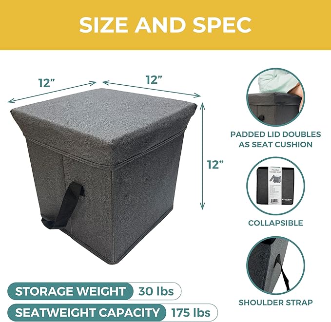 HAKOWARE 12"x12"x12" Gray Collapsible Soft Cooler Seat, Insulated, Portable, Foldable Box for Hot and Cold Food Drinks, Shoulder Strap, Reusable Clear Bag, Grocery Shopping Bags, Snacks, Picnic