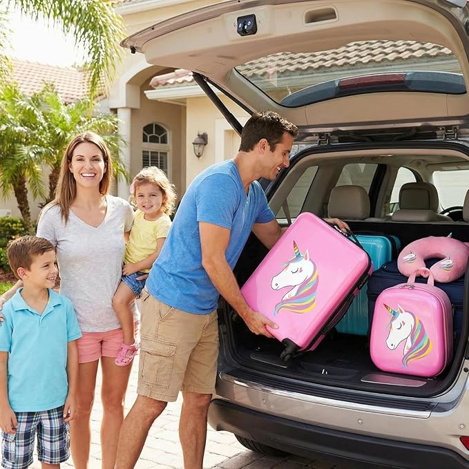 Sanwuta 4 Pcs Kids Luggage Set Rolling Suitcase Backpack U-shaped Pillow Kids Carry On Gift for Summer Travel Family Trip(17 Inch,Unicorn Style,Pink)