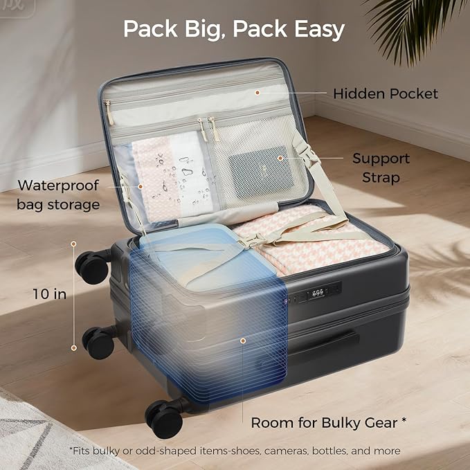 Carry On Luggage Top Opening with Cup Holder & Phone Holder, Expandable PC Hard Shell Suitcase, USB Charging Port, Side Hook, 360° Spinner Wheels, TSA Lock & YKK Zippers for Women Man Gifts