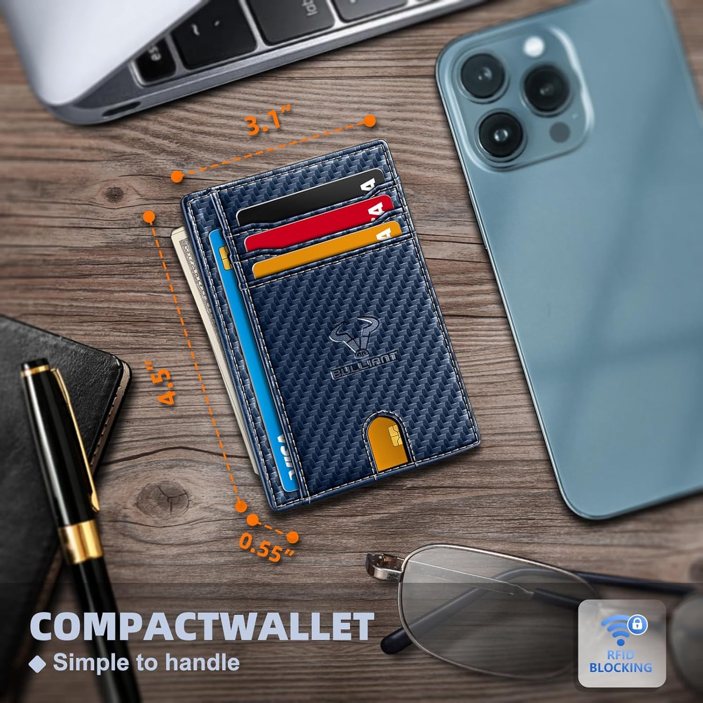 BULLIANT Slim Wallet, Skinny Minimal Thin Front Pocket Wallet Card Holder For Men 7Cards 3.15"x4.5",Gift-Boxed