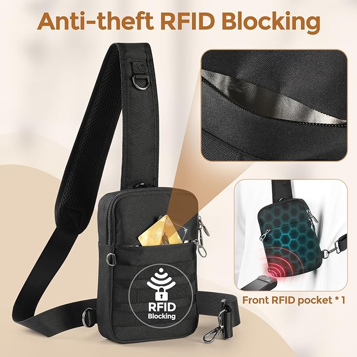 VADOO Small Sling Bag for Men, Tactical Crossbody Bag with Zipper Lock, RFID and Molle System for Travel Work Outdoor