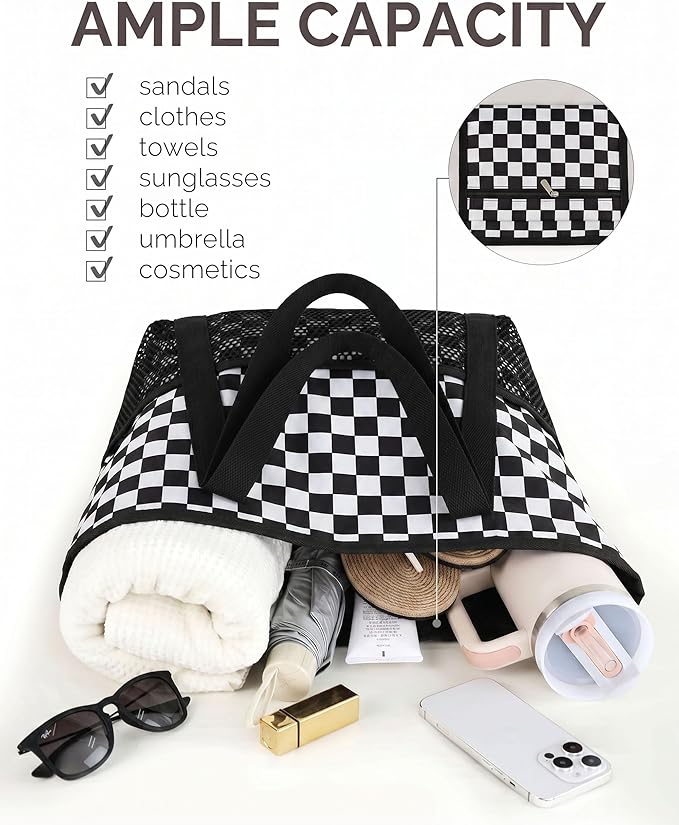 HOMESPON Beach Bag Large Waterproof Sandproof Tote for Women with Zipper and Mesh Pockets