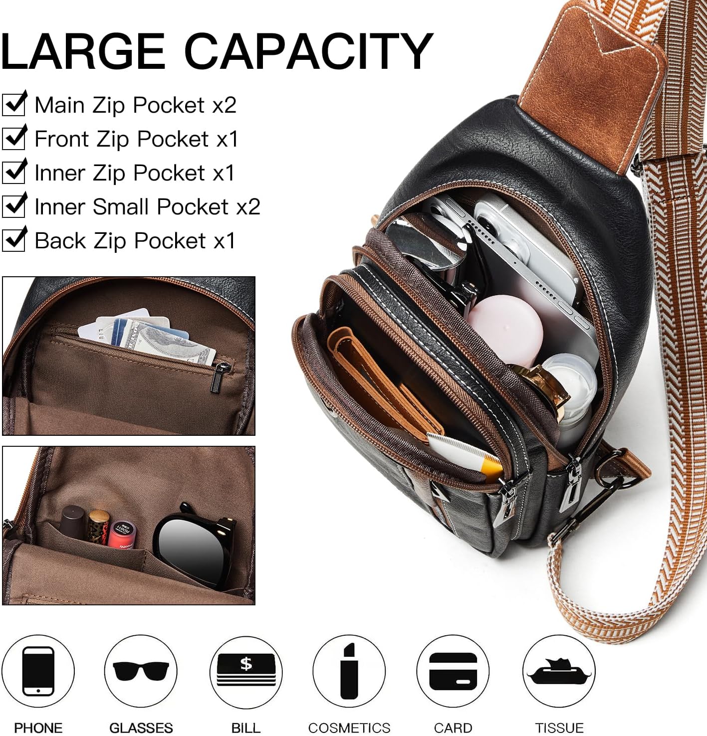 7L Sling Bag for Women Men Leather Small Sling Backpack Daypack Anti Theft Fanny Pack Crossbody Purse Travel