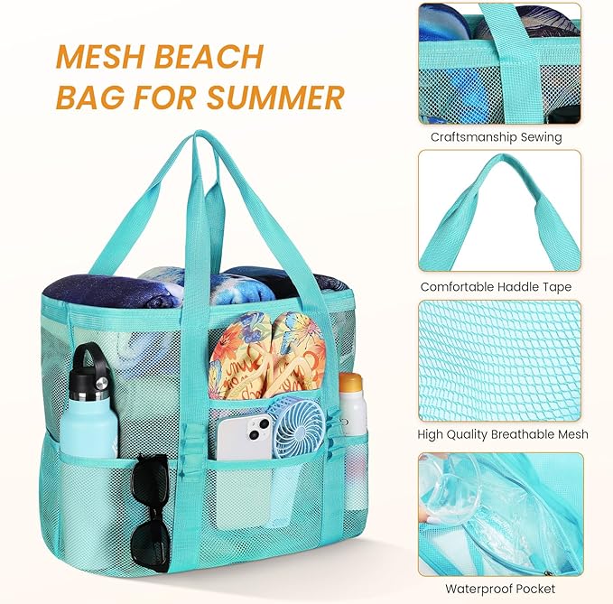 Tavaleu Mesh Beach Bag - Large Beach Tote with Multi Functional Pockets for Family Travel/Vacation