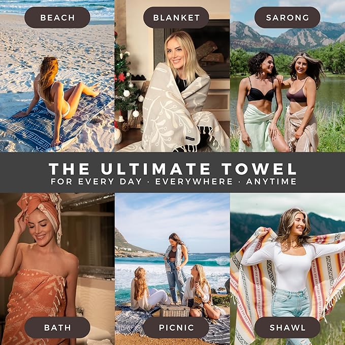 FESHKA Sand Free Turkish Beach Towel (37 x 67) Quick Dry Bath Towel, Oversized Beach Blanket, Lightweight for Travel - Made with 100% Organic Turkish Cotton - Wanderer (Black)