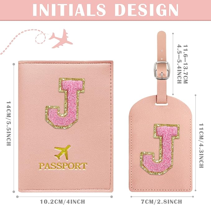 COSHAYSOO Initial Passport Cover Luggage Tag Set Letter Passport Holder Airplane Cruise Travel Essentials Vacation Traveling Accessories Personalized Gifts for Women Teen College Girls Pink J