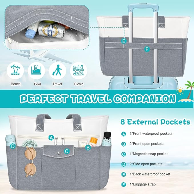 Beach Bags for Women Large Canvas Beach Tote with Zipper Wet Pocket, Waterproof Foldable Swim Pool Travel Tote Bags
