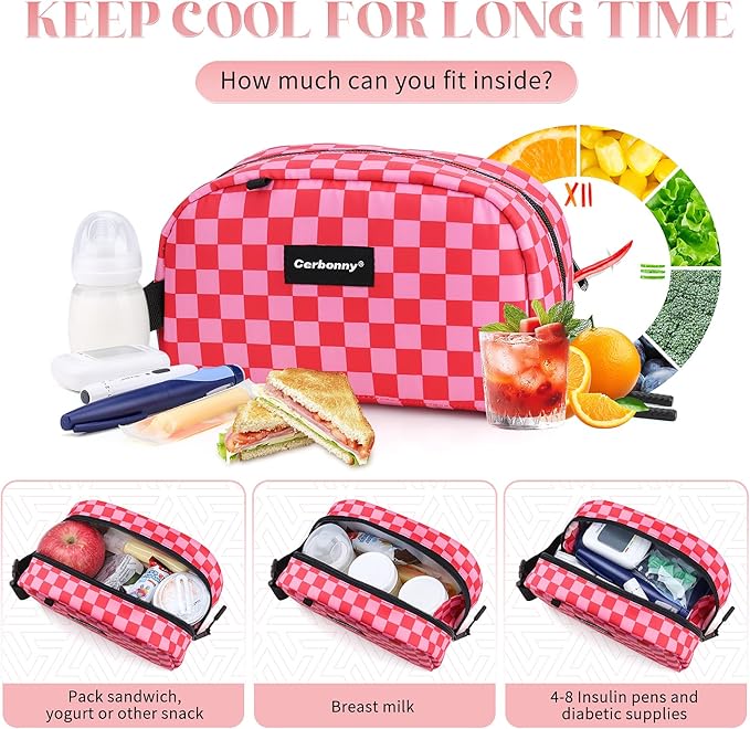 Cerbonny Small Cooler Bag Freezable Lunch Bag for Work School Travel, Leak-proof, Insulated, Waterproof, Portable, Pink Checkerboard