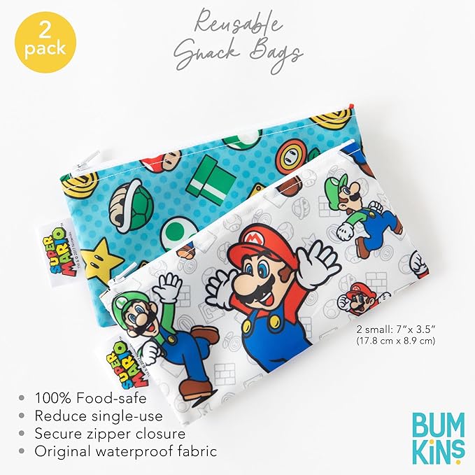 Bumkins Nintendo Reusable Snack Bags, for Kids School Lunch and for Adults Portion, Washable Fabric, Waterproof Cloth Zip Bag, Supplies Travel Pouch, Food-Safe, 2-pk Super Mario