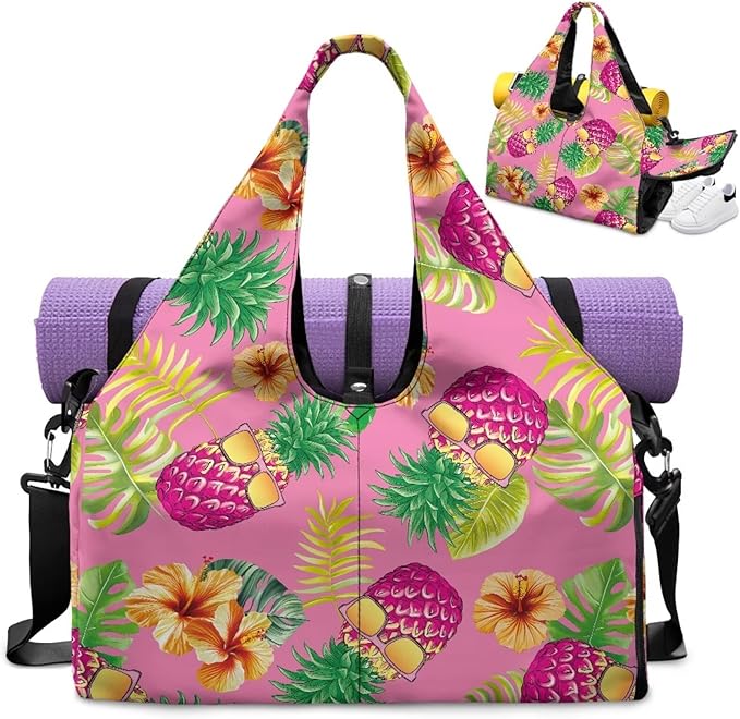 Gym Bag with Shoes Compartment, Pineapple Gym Bags for Women with Yoga Mat, Detachable Strap, Ventilated Lightweight Overnight Bag