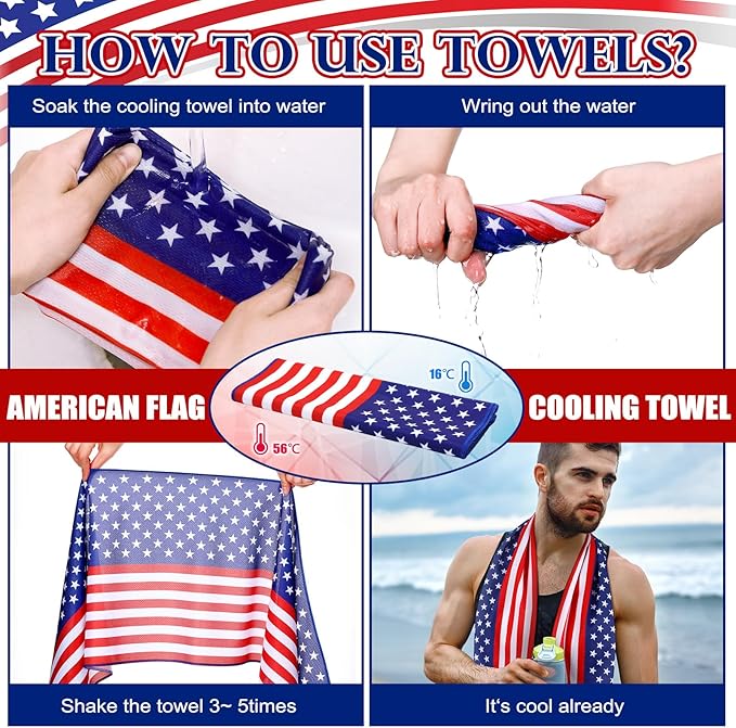 12 Pack Patriotic Cooling Towel with American Flag 40" x 12" Cooling Neck Wraps Microfiber Instant Cool Towel Red White and Blue Workout Towels Patriotic Party Supplies