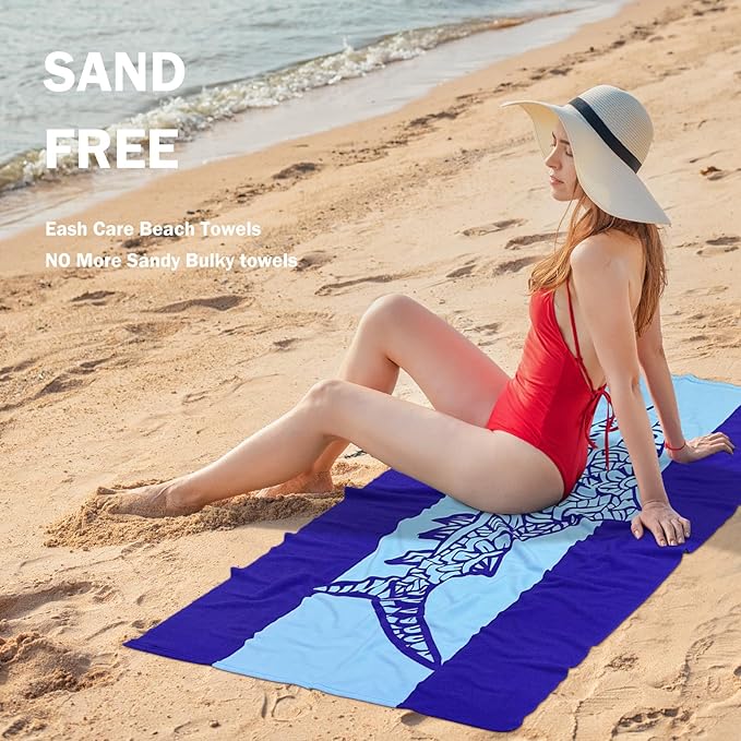 cabanana Sand Free Beach Towel - Large Oversized Beach Towel Sandproof 70x35 Big Microfiber Quick Dry Pool Towel, Thin Lightweight Compact for Travel Swimming Bath for Adults Women Men (Shark)