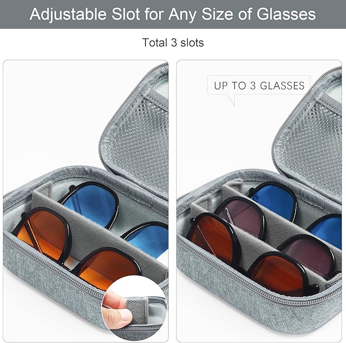 Bukere Travel Sunglasses Organizer Glasses Case, 3 Adjustable Slot for Multiple Eyeglasses, Hard Eyewear Box for Men Women