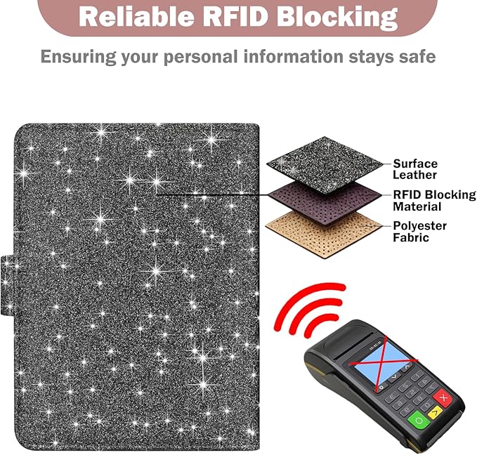 HOTCOOL Passport Holder Travel Essentials Airplane & Cruise Essentials Ship Leather Wallet Cover Case RFID Blocking Women & Men Vacation Travel Accessories Gifts Deals, Glitter - Black