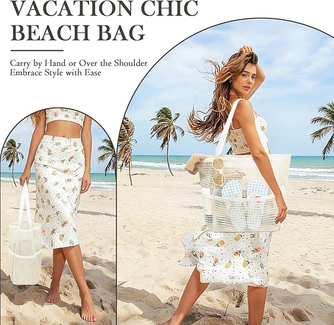 Fammart Mesh Beach Bag for Women, Summer Straw Tote Hobo Pool Bags with Zipper Pocket, Travel Vacation Cruise Essentials 2026