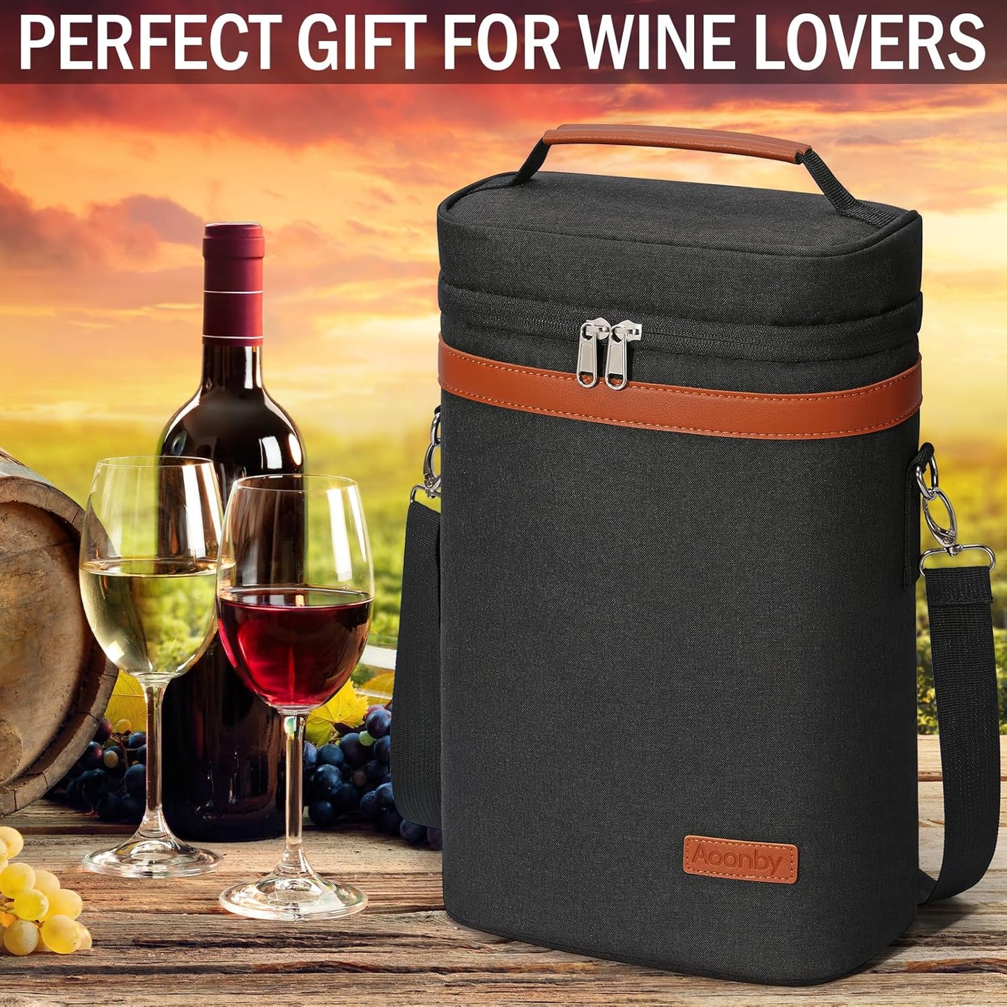 2 Bottle Wine Bag Wine Cooler Carrier Wine Gift Tote Bag, Leakproof & Insulated Bottle Bags for Travel, BYOB, Beach, Dinner, Party, Christmas Gifts for Wines Lovers Women Men - Black