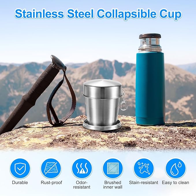 Stainless Steel Collapsible Travel Cup, 8.4oz(250ml) Reusable Collapsible Metal Cup Portable Foldable Water Bottle with Lid and Keychain for Travel/Camping/Hiking