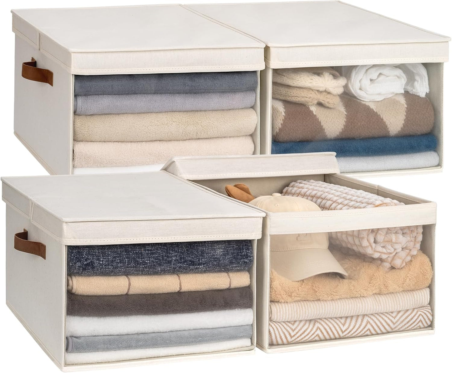 StorageWorks Storage Bins with Lid and Clear Window, Fabric Storage Boxes with Lids, Stackable Basket for Shelves, Closet Organizer and Storage Bins, Beige, Jumbo, 4-Pack