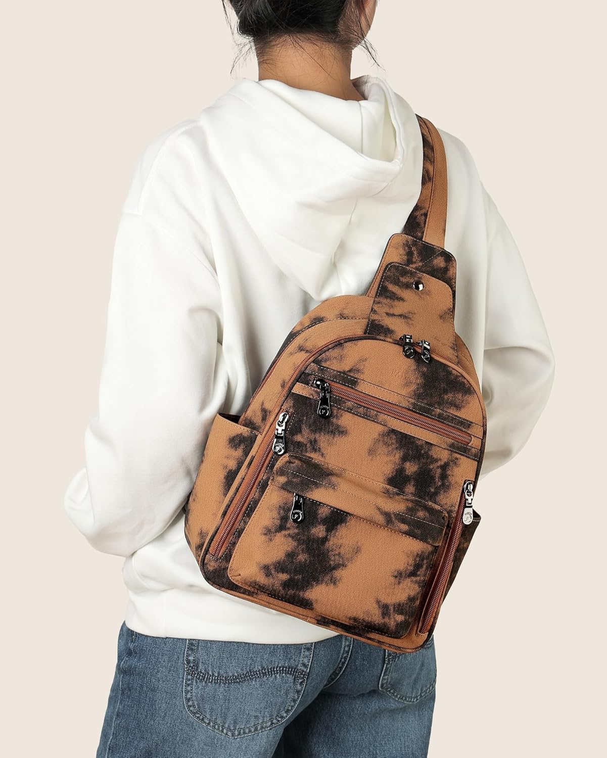 FADEON Large Sling Bag for Women, Leather Crossbody Purse Designer Anti Theft Sling Backpack, RFID Fanny Packs for Travel