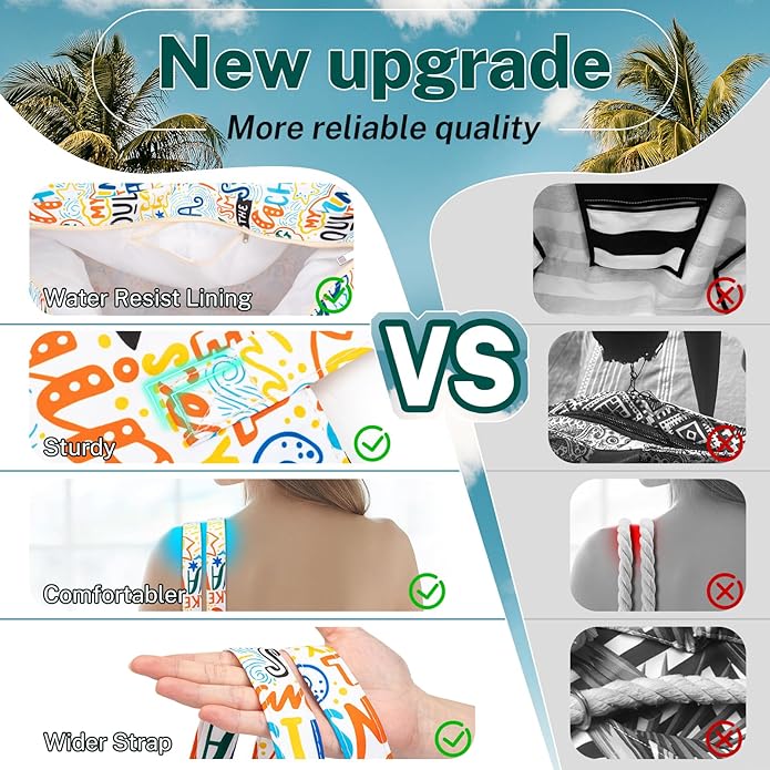 Iioscre Beach Bag for Women, Causal Hobo Pool Bags with Zipper Inner Pocket, Foldable Swim Tote Bag for Vacation Essentials