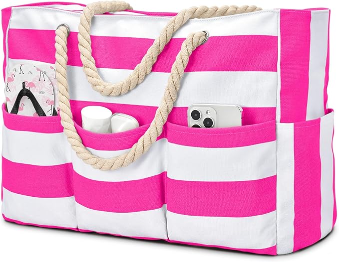 Becokan Beach Bags for Women Canvas Large Beach Tote Bag Zipper Waterproof Sandproof Foldable Swim Pool Bag with 7 Pockets