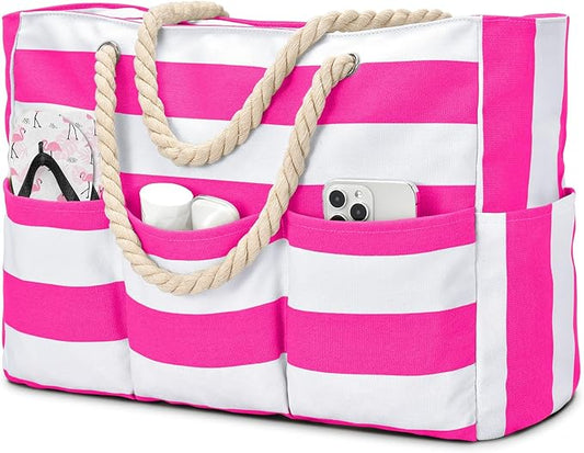Becokan Beach Bags for Women Canvas Large Beach Tote Bag Zipper Waterproof Sandproof Foldable Swim Pool Bag with 7 Pockets