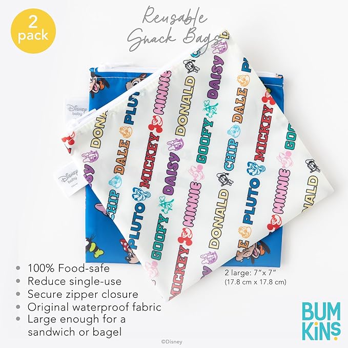 Bumkins Disney Reusable Sandwich and Snack Bags, for Kids School Lunch and for Adults Portion, Washable Fabric, Waterproof Cloth Zip Bag, Travel Pouch, Food-Safe Storage, Large 2-pk Mickey and Friends