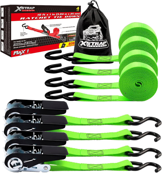 XSTRAP STANDARD Ratchet Tie Down Straps 4 Pk 10 Ft- 300 Lbs Load Cap- 900 Lbs Break Strength-Cargo Straps for UTV, ATV, Pickup,Truck, Moving Appliances, Lawn Equipment, Neon Green