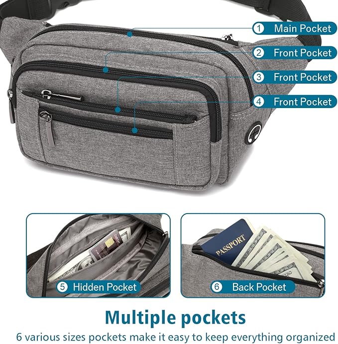 Packism Fanny Packs for Women Men - 6 Pockets Large Crossbody Waist Bag with Adjustable Strap Belt Bag for Travel Running Hiking