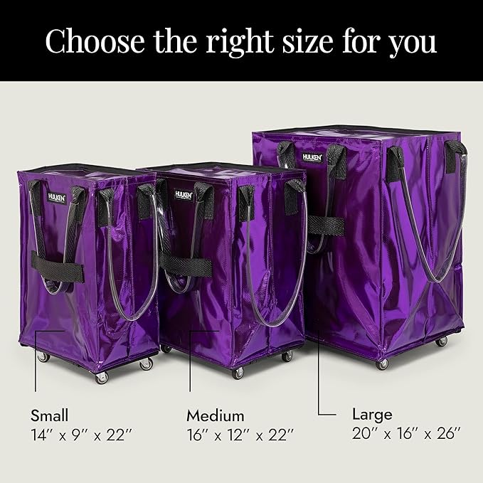 HULKEN - (Medium, Ultraviolet) Reusable Grocery Bag On Wheels, Shopping Trolley, Rolling Tote, Zipper Closure, Lightweight, Carries Up to 66 lb, Folds Flat, Unbreakable Handles
