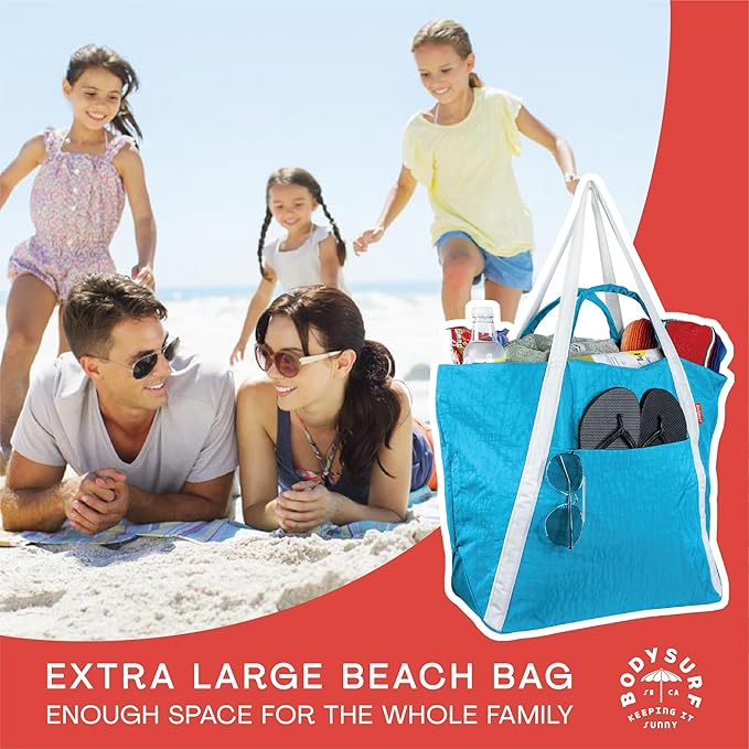 Bodysurf Beach Bags Waterproof Sandproof - Packable Foldable Nylon Zipper Tote Bag for Travel Lightweight, Pool, Boat, Cruise