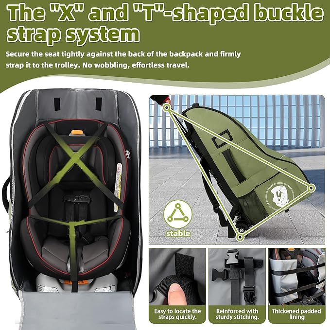 Car Seat Travel Bag with Wheels for Airplane, Waterproof Padded Car Seat Carrier Backpack for Airport, Fits Infant & Convertible Seats，Green
