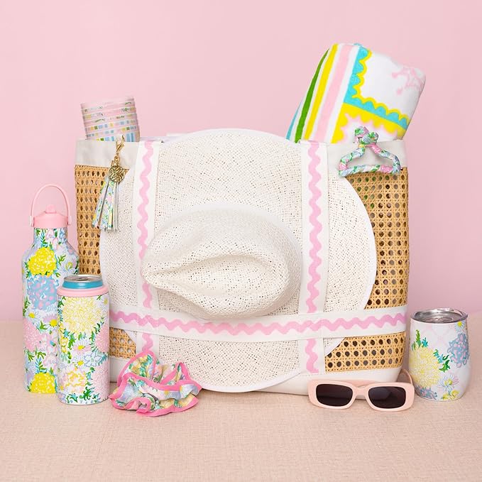 Lilly Pulitzer Large Travel Tote Bag with Hat Holder Strap, Caning Beach Bag with Tassel Keychain (Lilly Garden Home)