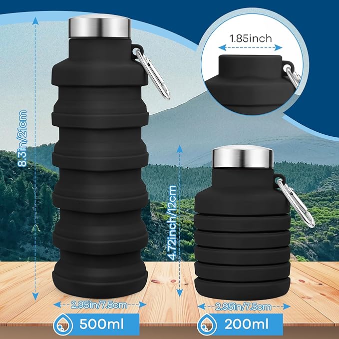 Collapsible Water Bottles 17oz, Portable Leak-Proof Travel Water Bottle, Reusable BPA Free Silicone Foldable Water Bottle with Carabiner for Gym, Traveling, Camping, Hiking, Sports(Black+Blue)
