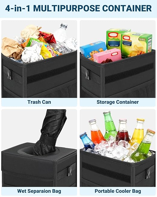 Capolo Car Trash Can with Lid, Leakproof Car Trash Bag Hanging Waterproof Automotive Garbage Can with Storage Pockets Mini Vehicle Trash Bin for Back/Front Seat(Black,4 Gallon)