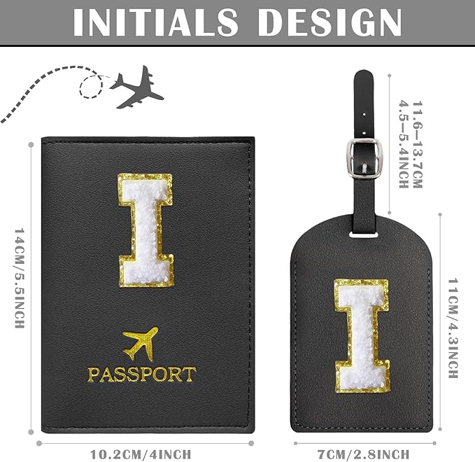 COSHAYSOO Black Passport Cover and Luggage Tag Set TSA Approved with Her Initial Chenille Letter Patch, Trendy Travel Bag Backpack Suitcase Identifier Gifts for Daughter Mother Sister in Law (I)